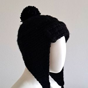 Anne Klein Black Knit Trapper Hat with  pompom details